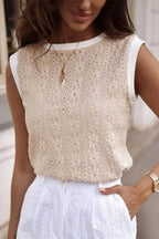 Oatmeal Floral Eyelet Embroidered Sleeveless Top