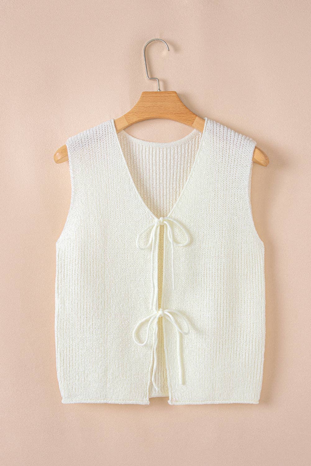Beige Tie Front V Neck Sweater Vest Knit Top